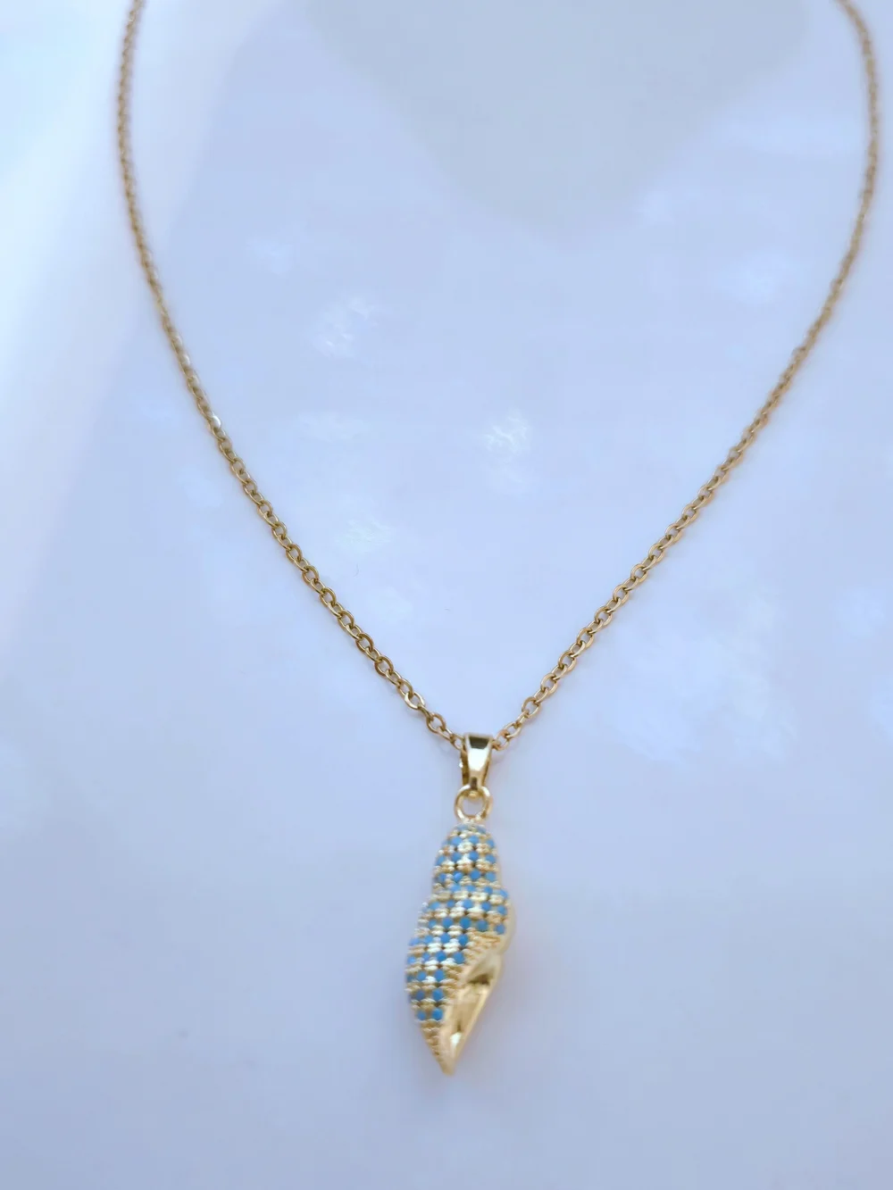 18K Gold Plated Necklace with Blue Pavé Shell Charm Summer Jewelry B003